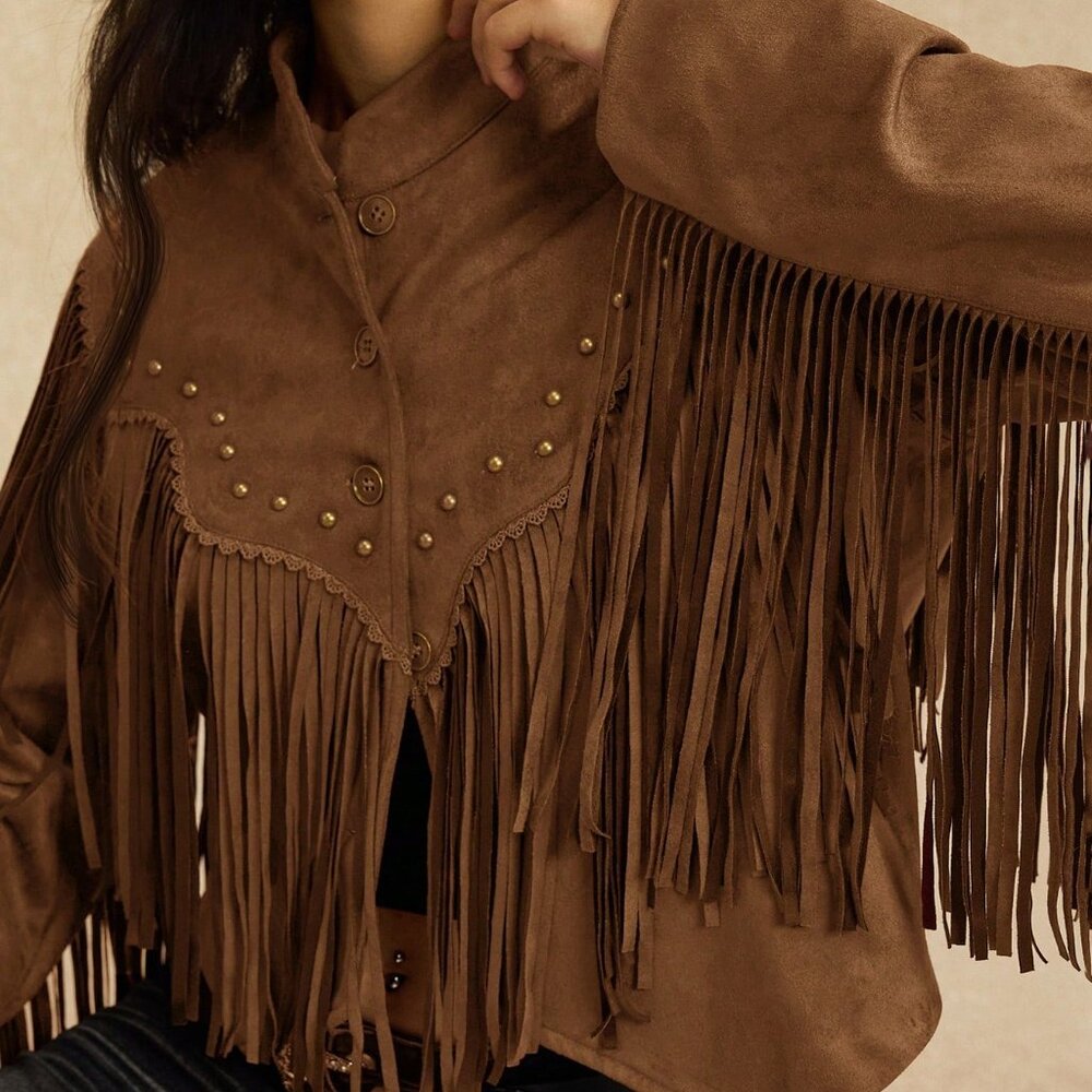 Brown Casual Women's Faux Suedette Jacket with Fringes - Picture 7 of 7